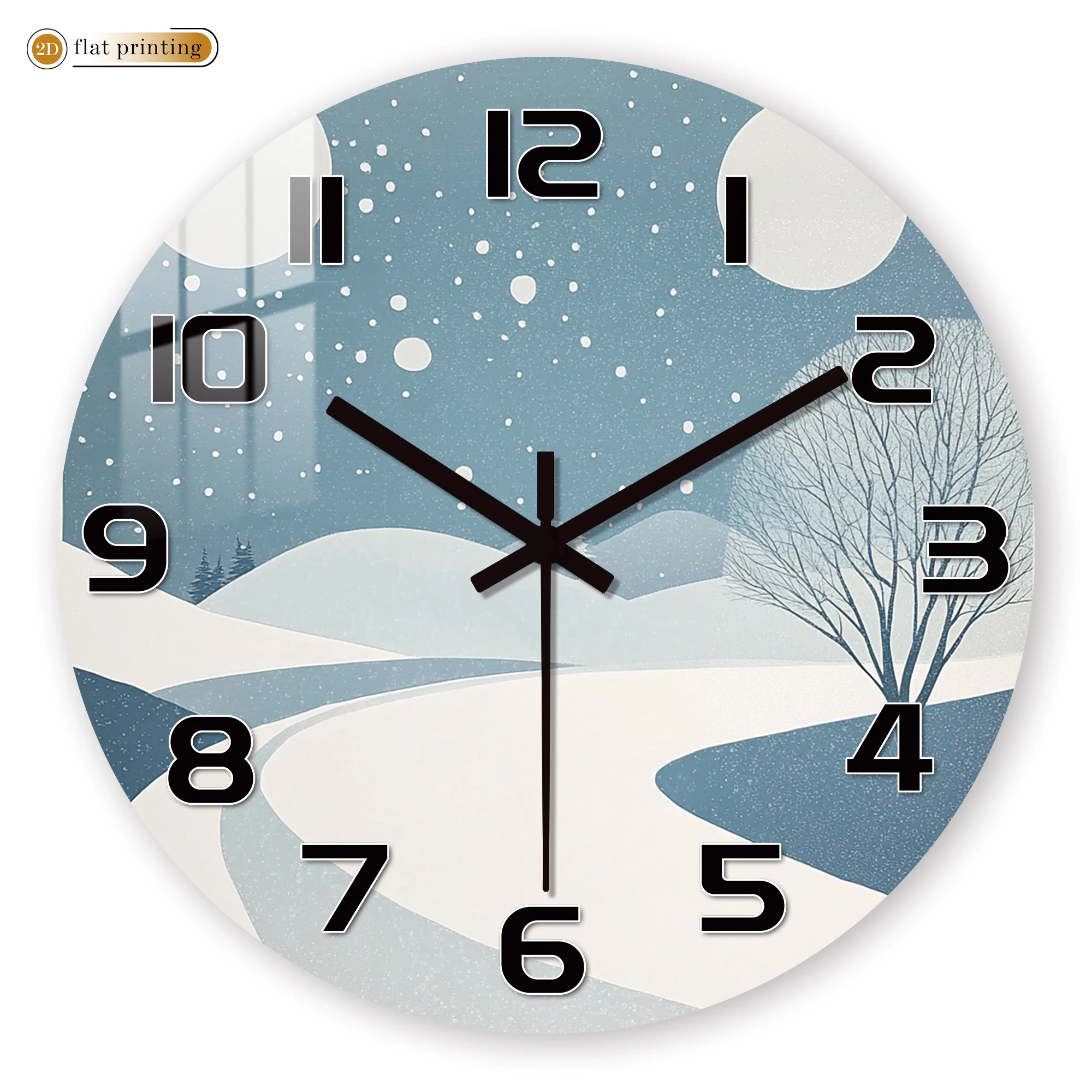 Winter Snowfall Landscape Wall Clock, Silent Quartz Movement, Serene Snowy Scene Decorative Clock with Clear Black Numbers