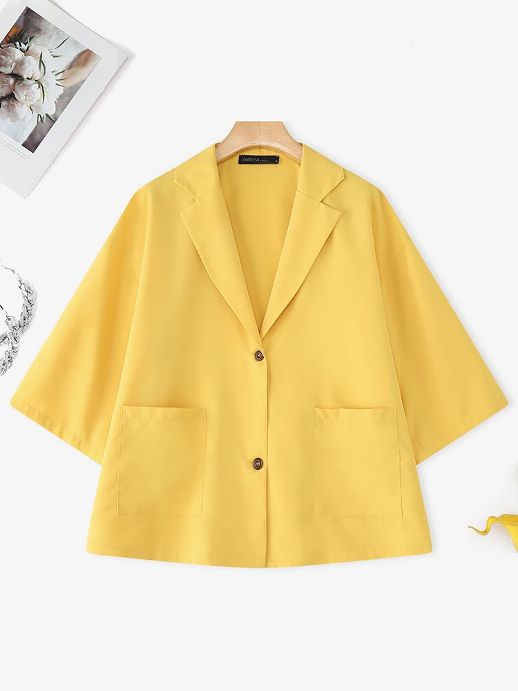 ZANZEA Giacca Sportiva di Moda 2025 Donna Autunno Giacca Allentata Cappotto Vintage Tasche Manica 3/4 Capispalla Femminile Chic Veste Ufficio
