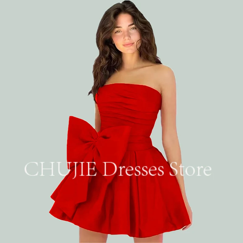 

Customized Mini Cocktail Dresses A Line Pleat Graduation Dress Homecoming Dress With Bow Short Woman Elegant Wedding Prom Gowns