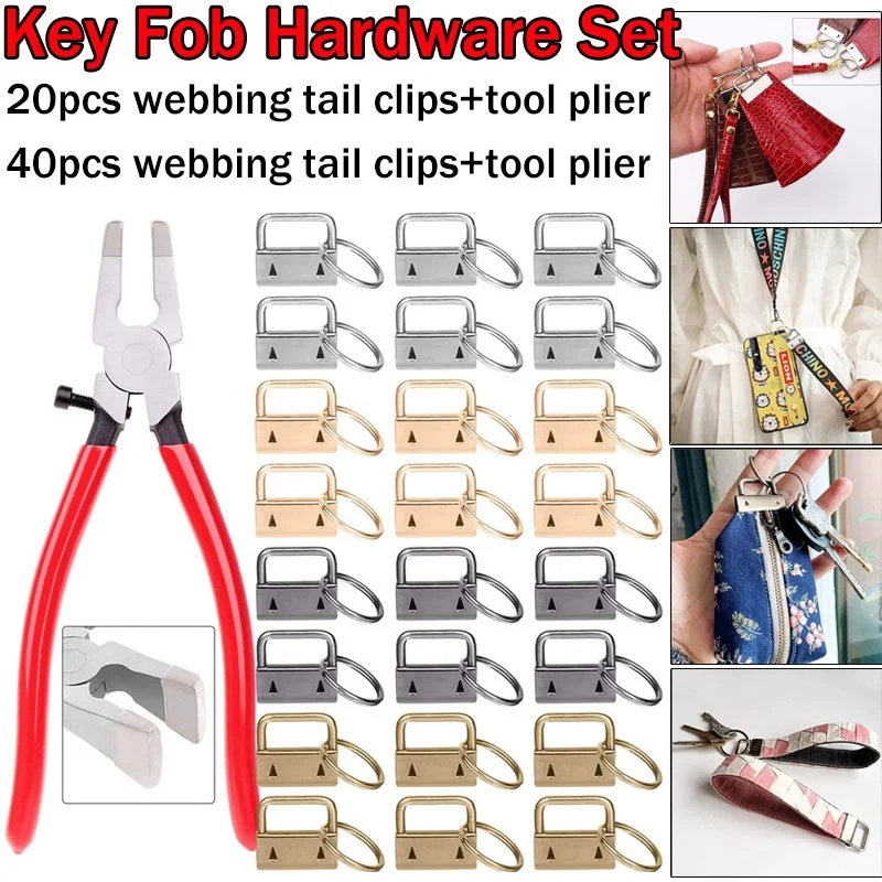 

20/40PCS Webbing Tail Clip Key Fob Hardware 25mm Keychain Split Ring with Tool Pliers for Wrist Wristlets Cotton Tail Clip