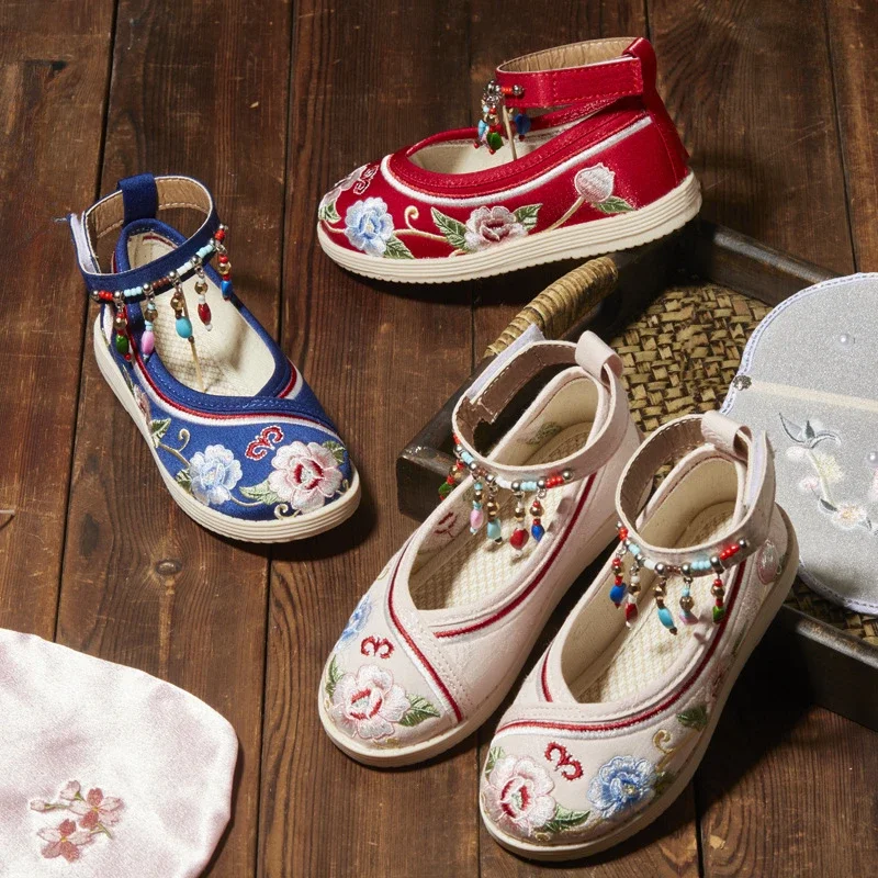 Children's Hanfu Shoes Embroider Princess Shoes for Girls Chinese Traditional Pendant Kid Causal Ankle-strap Cloth Flats Fashion