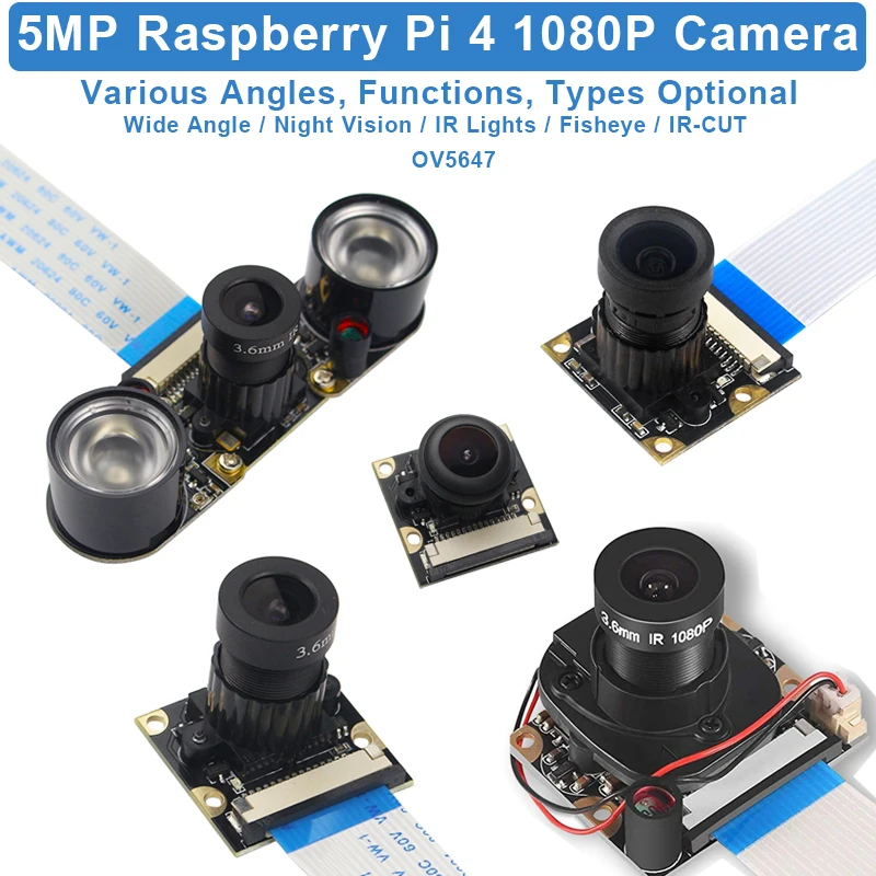 Cámara Raspberry Pi 4 DE 5MP, módulo de ojo de pez OV5647, 1080P, IR-CUT de visión nocturna opcional, cámara web para Raspberry Pi 4 Modelo B 3B Plus 3B