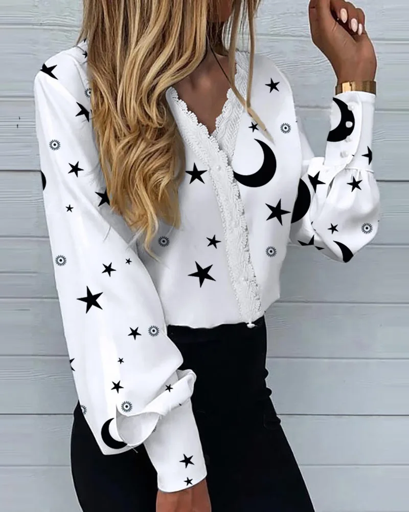 

Blusas Para Mujer Women Print Long Sleeve White Shirt Fashion Sexy Lace V-Neck Blouse Chic Top Blusa Femininas Elegantes Blusas