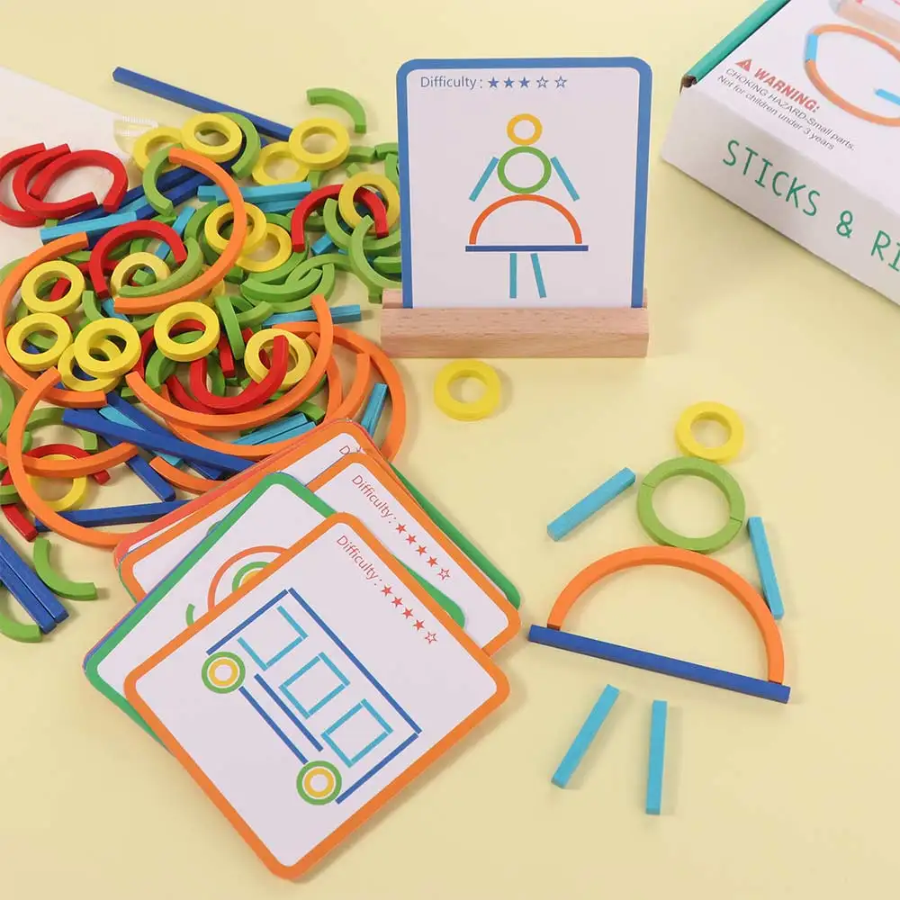Stäbchen und Ringe, Holzstäbchen, Puzzle, Intelligenzspiel, Lernringe, Puzzle, Montessori-Puzzle, bunt, kreativ