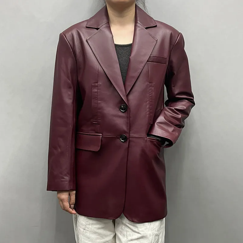 Veste en cuir véritable bordeaux pour femme, manteau en cuir de mouton véritable, mode automne et printemps, 2024