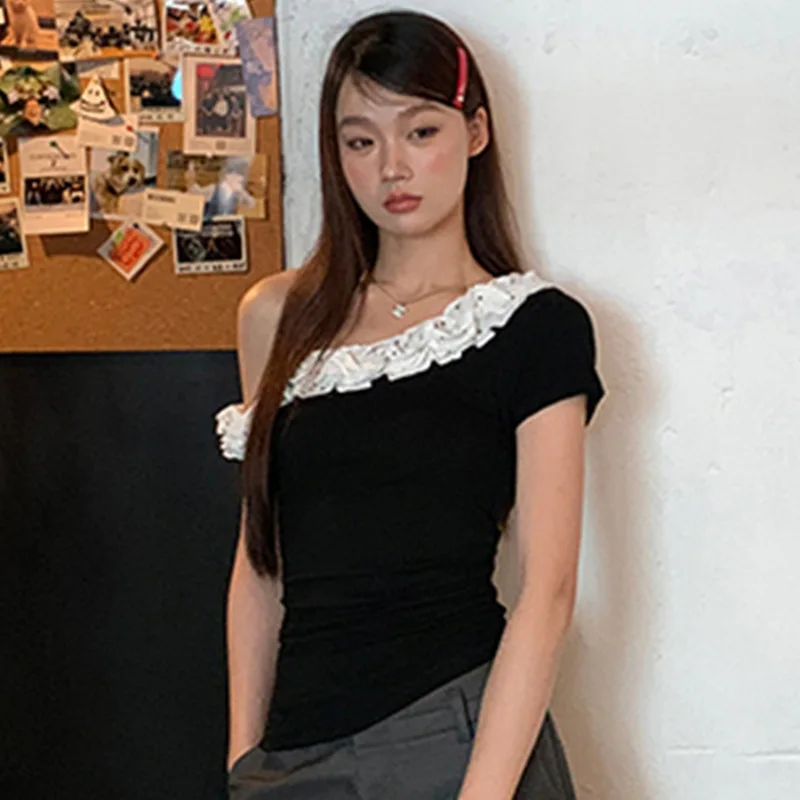 Y2k Off Schouder Korte Mouw T-shirt Vrouwen Slim Fit Amerikaanse Hot Girl Sexy Vintage T-shirt Koreaanse Fashion Casual Veelzijdige Tops