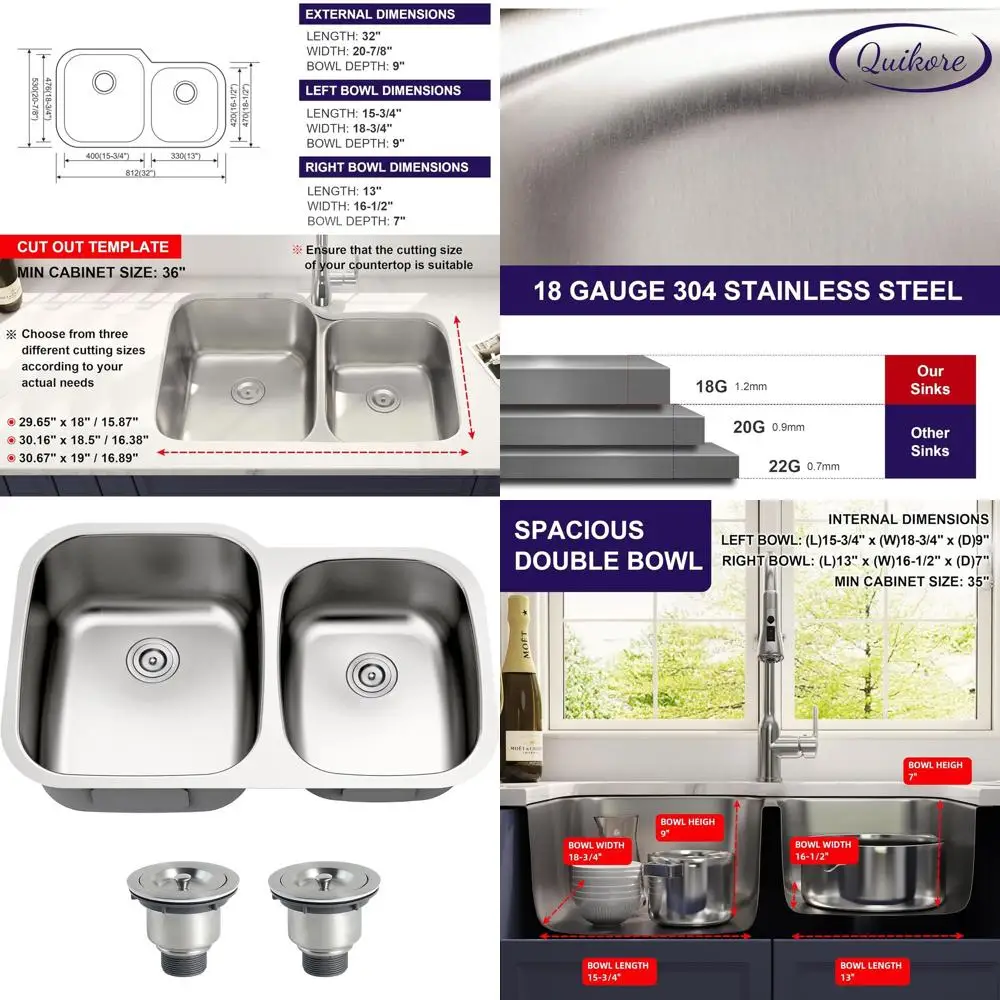 

Кухонная мойка из нержавеющей стали с двумя изогнутыми чашами, 32x60x40 см, 18-го класса толщины, 32x20x9 дюймов, с нижним креплением
