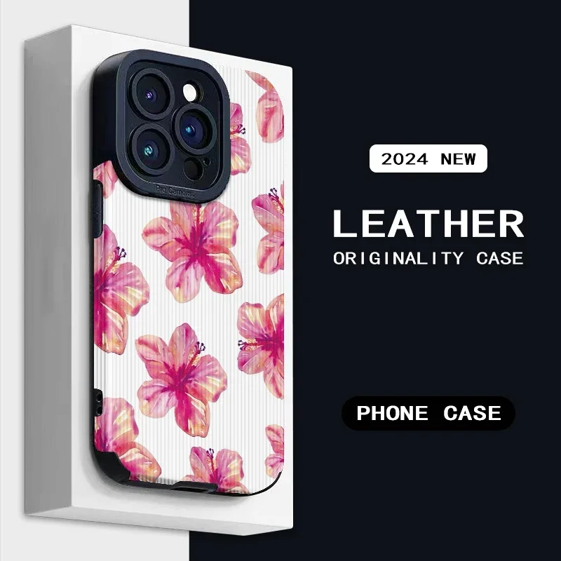 Pink flower pattern leather texture shockproof protective case for iPhone 16 16Pro 15 11 13 16Promax 14 15Pro 12Pro xr