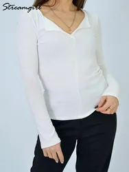 White Long Sleeve Tops For Women Winter Spring Basic V Neck Top Tees Slim Gray Tshirt Modal Basic Blouses For Women T Shirts