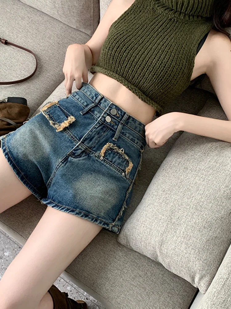 Frayed Shorts Women Washed Vintage Slim Hotsweet European Style Retro Fashion Casual High Waist Spring Streetwear Harajuku Solid