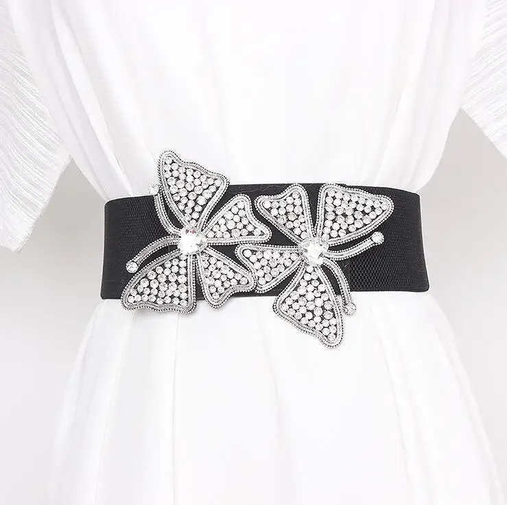 Women's Runway Fashion Rhinestone Butterfly Elastic Cummerbunds Female Dress Corsets Waistband Belts Decoration Wide Belt R2927