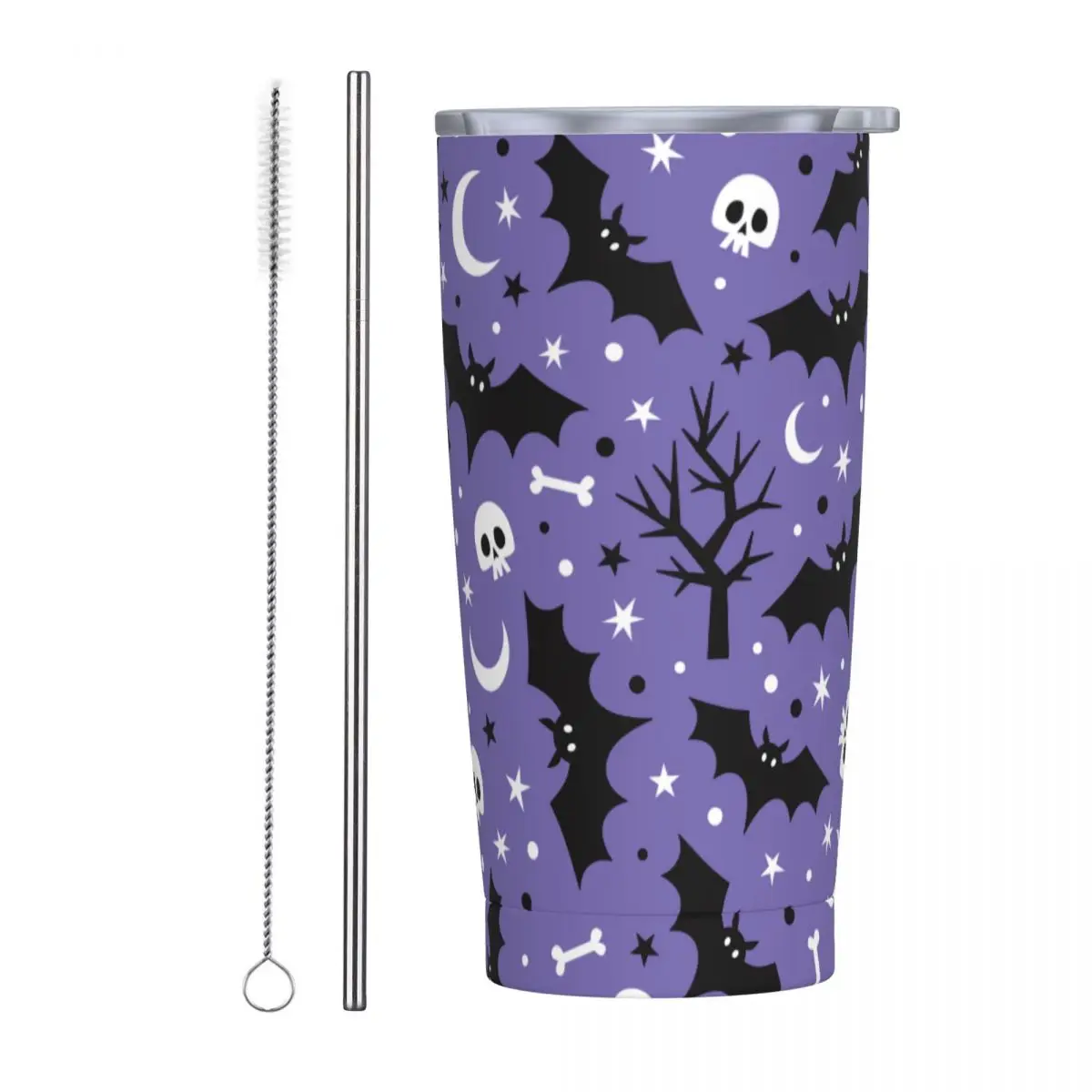 Bat Moon Skull Tree Insulated Tumbler with Straws and Lid Halloween Stainless Steel Travel Thermal Cup 20 Oz Office Home Mug Cup