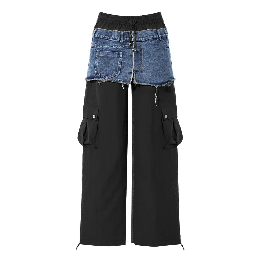 Denim Montage Women Suit 1 Piece Pair Wide Leg Pants Daily Female Casual Work Wear Trousers