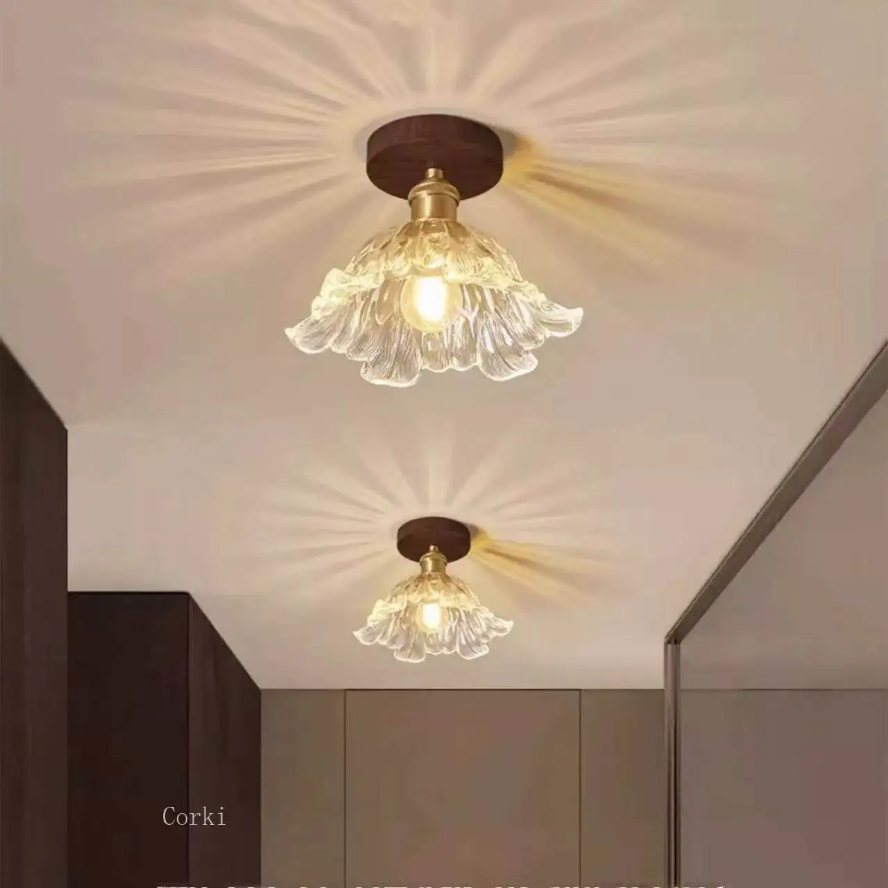 American Retro Walnut Color led Ceiling Lights Corridor Aisle Lamps Medium Antique Solid Wood Porch Balcony Glass Ceiling lamps