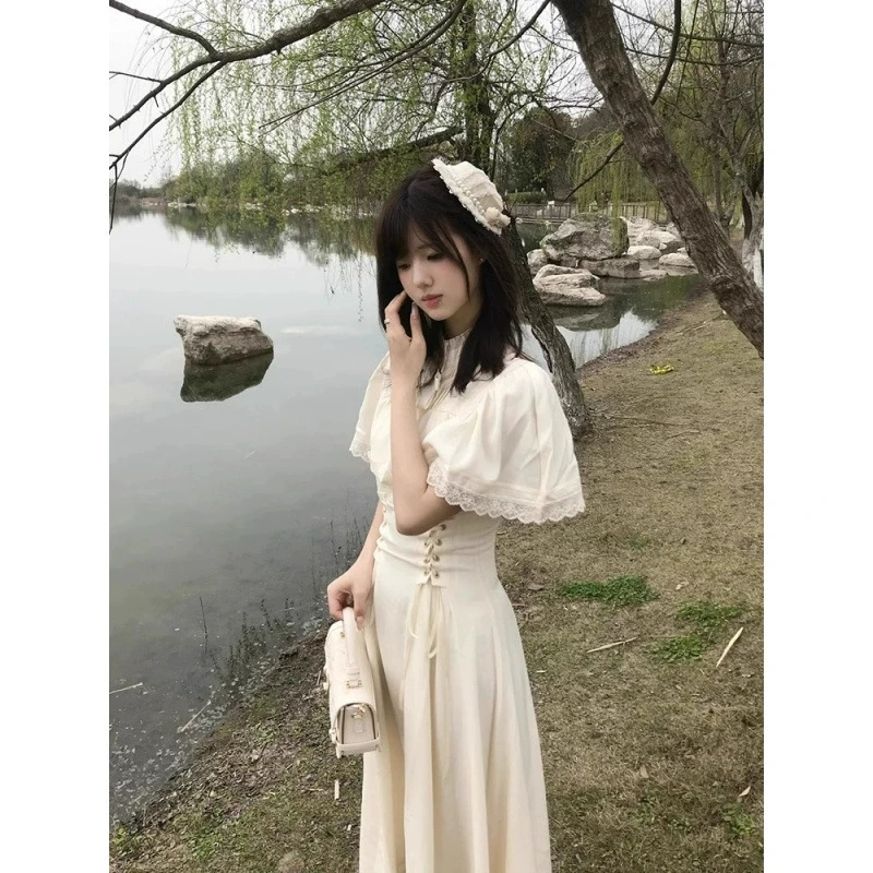 Abito francese elegante in pizzo a maniche lunghe da donna a vita alta sottile abito longuette vintage da ufficio abito gotico in un pezzo coreano Y2k