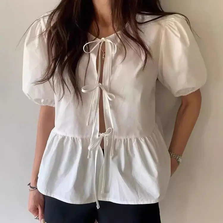French Niche Lace-up Bubble Bow Short-sleeved Shirt Summer Hollowed-out New Strap-up Small Top
