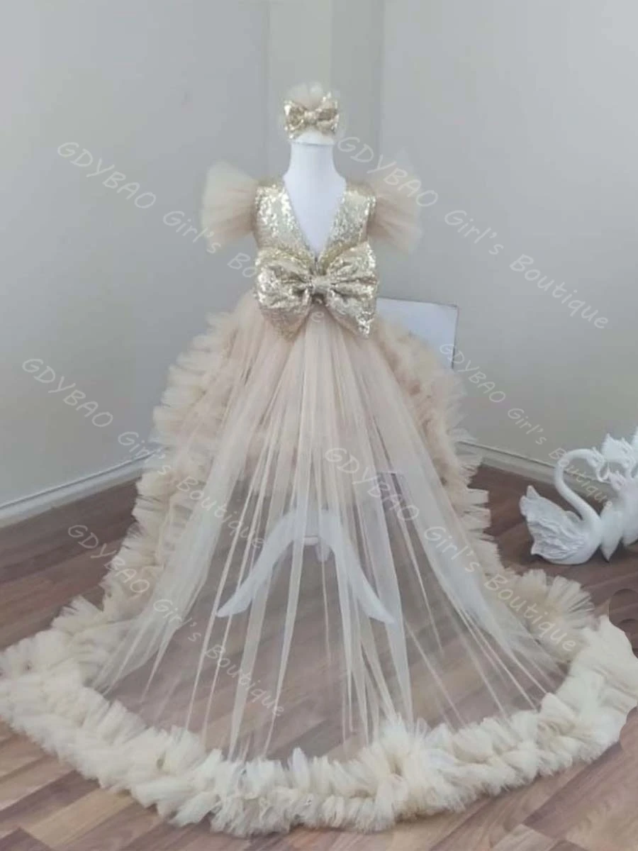 

Customized Flower Girl Dress For Wedding Toddlers Sequin Tulle Princess Pageant Birthday Party Dress With Detachable Train/Bow