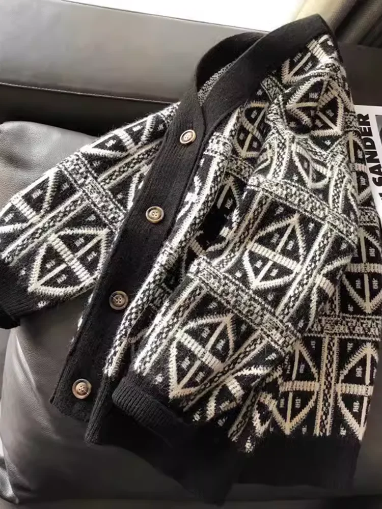 

Винтажный свитер большого размера в этническом стиле, кардиган для мужчин и женщин, осень-зима, свободный вязаный свитер с напуском и геометрическим рисунком, вязаное пальто