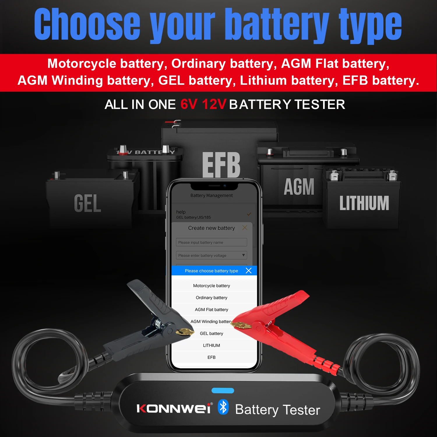 KONNWEI BK200 BK100 6V-12V-24V Car Battery Tester  Bluetooth App Control for Monitoring Charging Tests Car Battery Scanning Tool - view 6