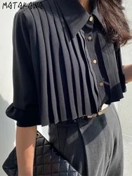 Matakawa Pleated Solid Women Shirts&blouses Retro Korean Fashion Spring Autumn Chic Blusas Mujer Elegant Simple Camisas