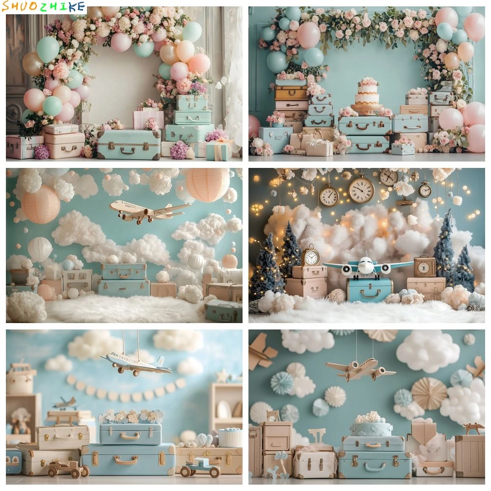

Boys Girls Birthday Party Photography Background Kids Portrait Cake Smash Decor Balloon Flowers Suitcase Backdrop Photo Studio
