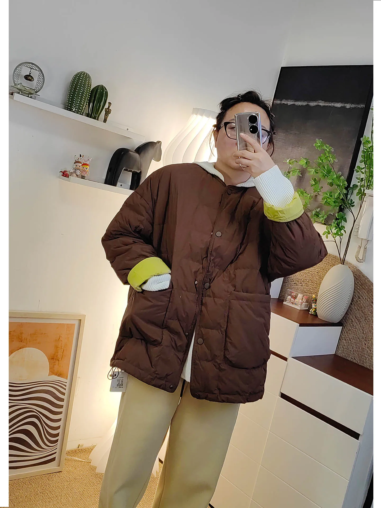 

Свободное корейское пальто-пуховик с круглым вырезом и цветовыми блоками, больших размеров, женское, модное, теплое, комфортное, с длинными рукавами