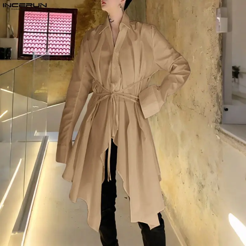 INCERUN الرجال نمط طويل قميص الصلبة التلبيب كم طويل زر الدانتيل يصل الرجال الملابس فضفاضة الشارع الشهير موضة الذكور غير النظامية القمصان #3