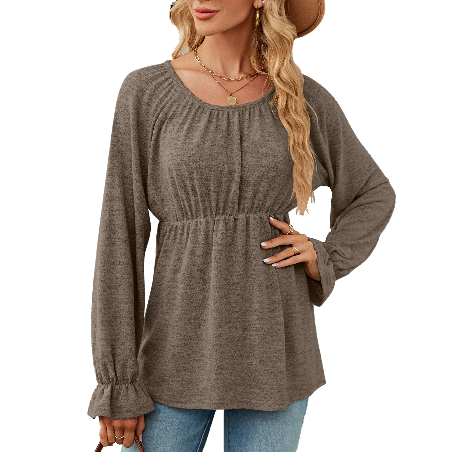 

T-shirt Women's Fall and Winter Fashion New Solid Color Casual Round Neck Loose Long-sleeved Blouse