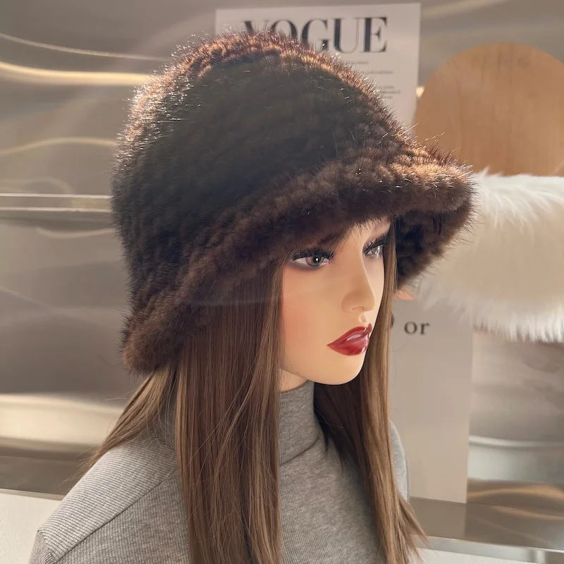 Women Hat 100% Real Mink Fur Hats Women Knitted Beanie Russian Girls Cap With Soft Knitting Thick Female Cap Elastic Bucket Hats