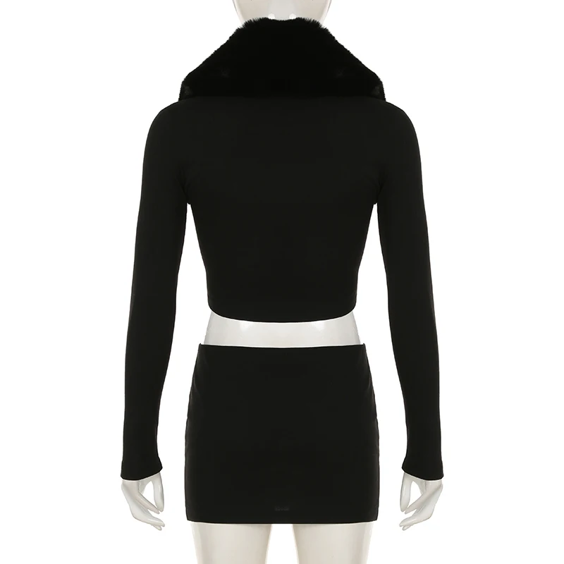 BIIKPIIK Sexy col de fourrure Wrap hanche jupes ensembles Clubwear évider haut court + Vent maigre Mini jupe automne hiver deux pièces costume