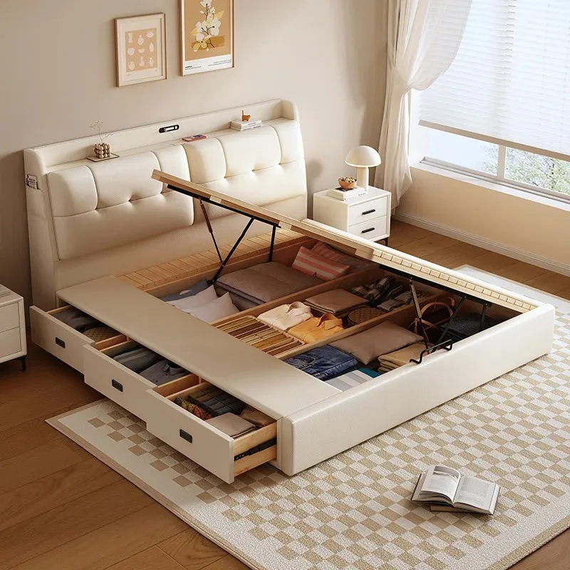 Multifunctional leather bed silent storage bed simple small apartment double triple pumping high box storage bedside double bed