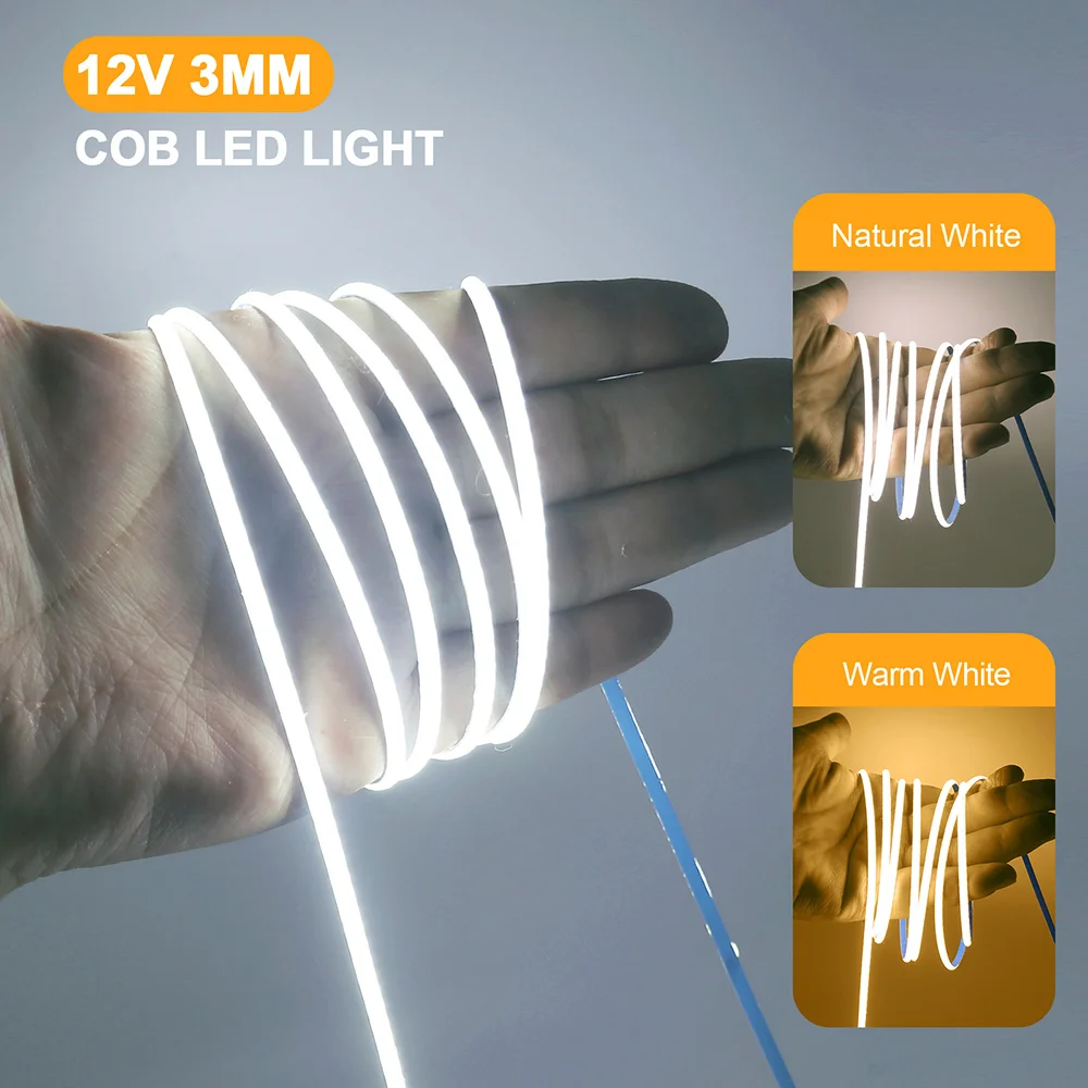 12V 24V 5V COB LED Strip 3mm 5mm PCB Ultra sottile luce 320LED 8mm CRI90 nastro LED flessibile luminoso per l'illuminazione della fodera domestica dell'armadio