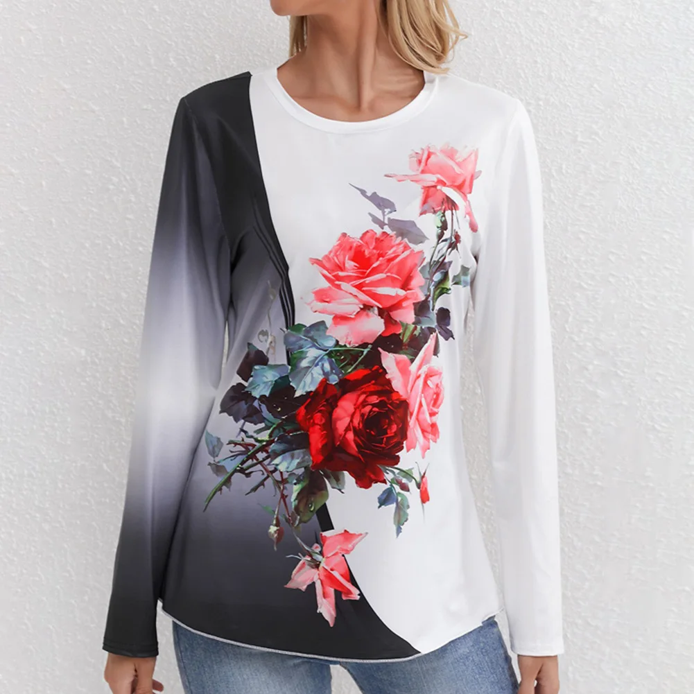 

Casual Shirt Women Long Sleeve Crew Neck Floral Print Comfortable Polyester Top Suitable for Multiple Occasions