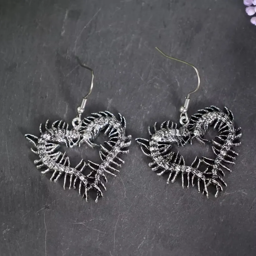 Punk Gothic Sliver Color Centipede Millipede Hollow Out Heart Pendant Dangle Earrings Necklace for Women Halloween Witch Jewelry