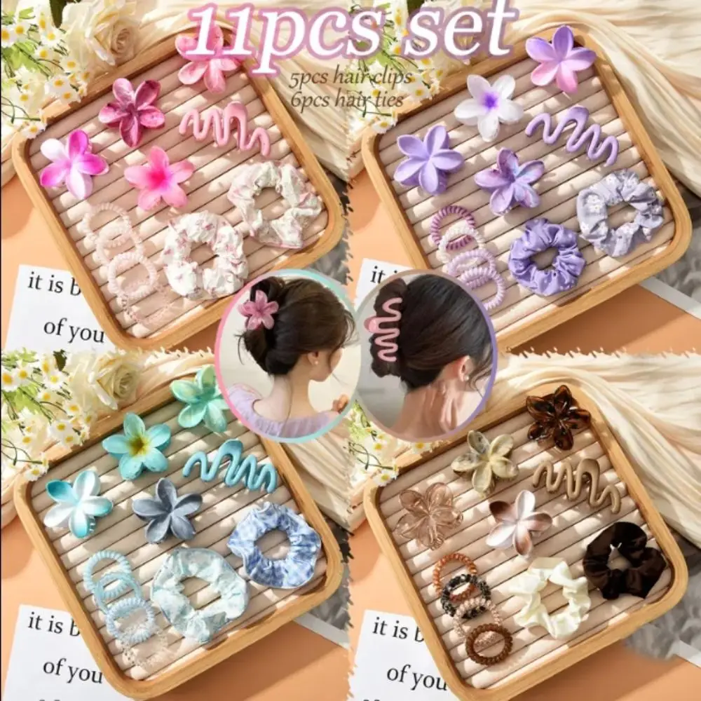 

11pcs/Set Fashion Plumeria Hawaiian Hair Clamps Set Elastic Rubber Band Wave Shark Clips Colorful Hair Rope Hair Styling