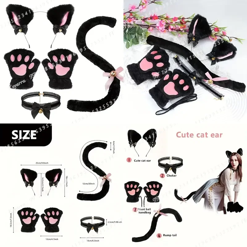 5Pcs Set Cat Paw Gloves Winter Cute Cartoon Girl Open Finger Gloves with Bell Headband Fox Cat Ear Headwear