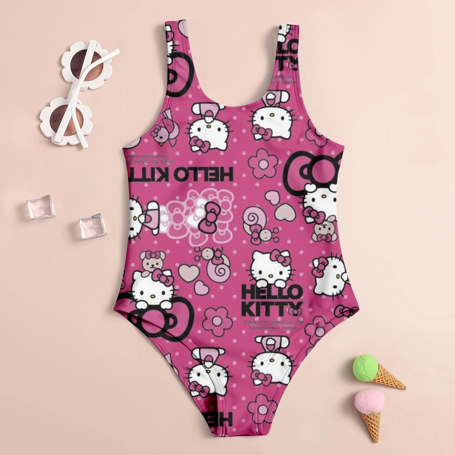 MINISO Summer Girls Swimsuit Children\'s Swimsuit 3D Printed Hello Kitty Cartoon Fashion Beach Skirt Holiday Children\'s Clothing