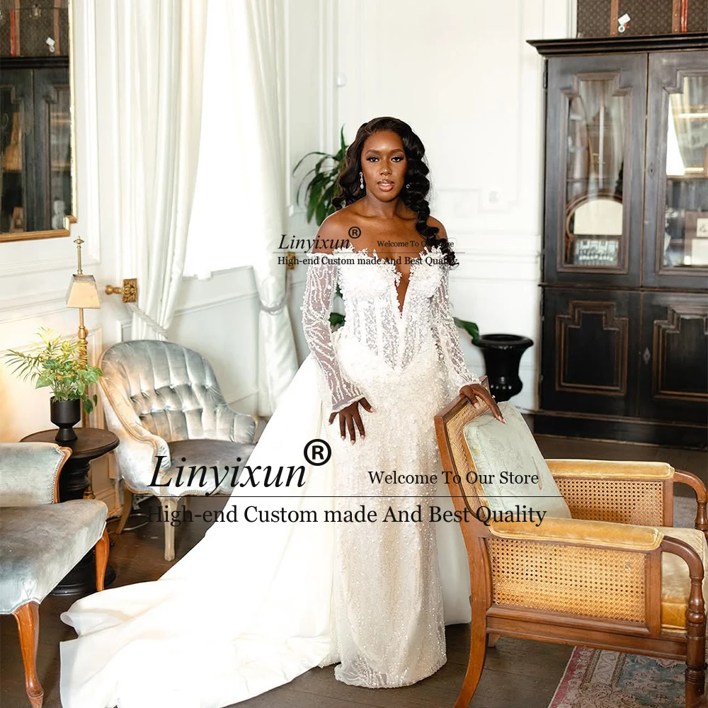 فساتين زفاف عتيقة مزينة بالدانتيل ذيل قابل للانفصال زي العرائس للعروس بأكمام طويلة مخصص hochzeitkleider damen