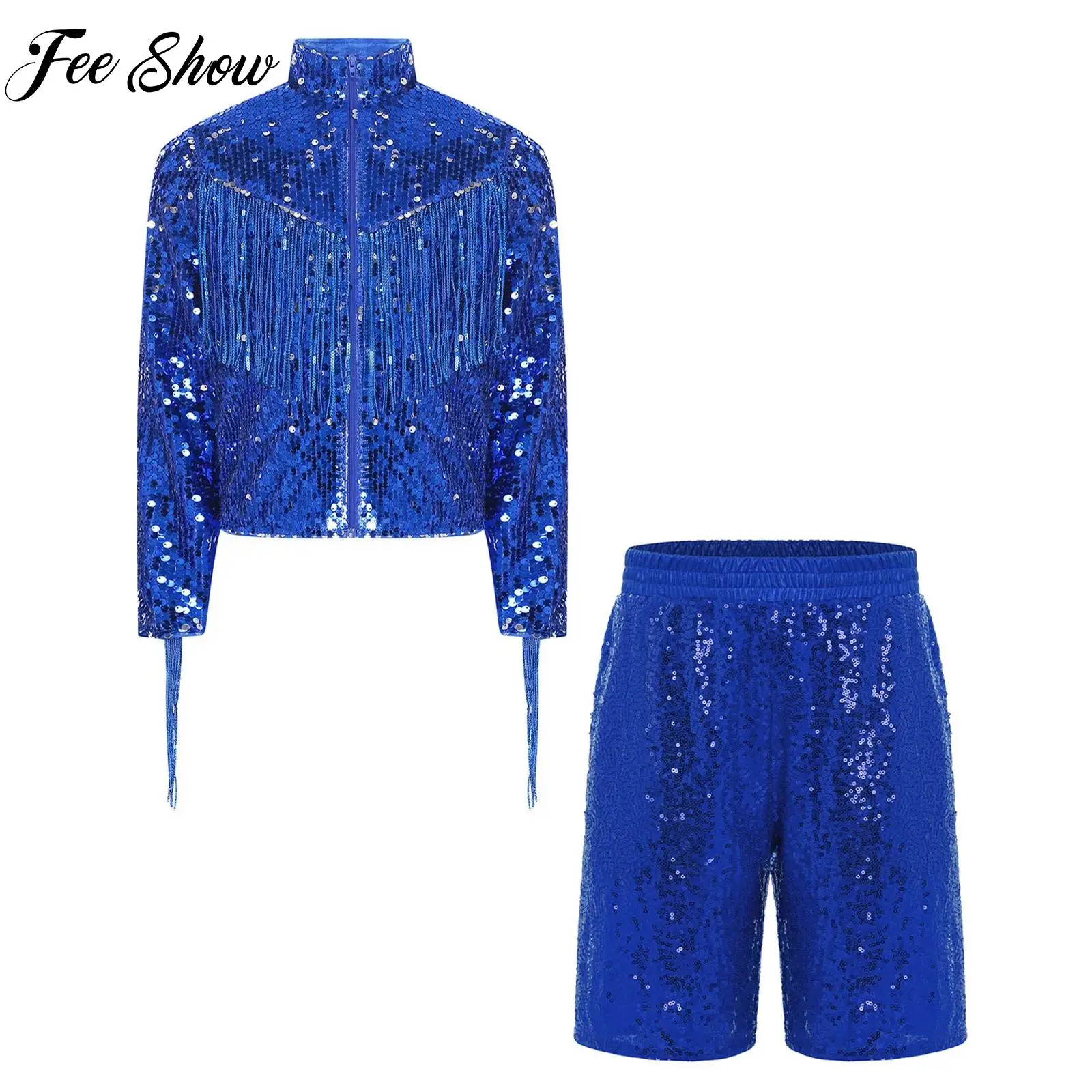 

Children Boys Sequin Jazz Tango Latin Dance Outfit Disco Performance Costume Glittery Long Sleeve Zip Tassel Jacket And Shorts