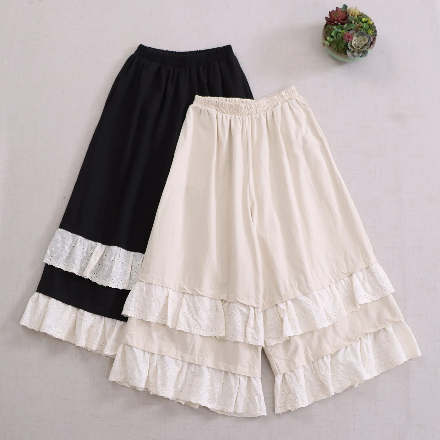 Japanese Sweet Mori Girl Embroidery Patchwork Cotton Wide Leg Pants Women Autumn New Elastic Waist Casual Loose Straight Pants