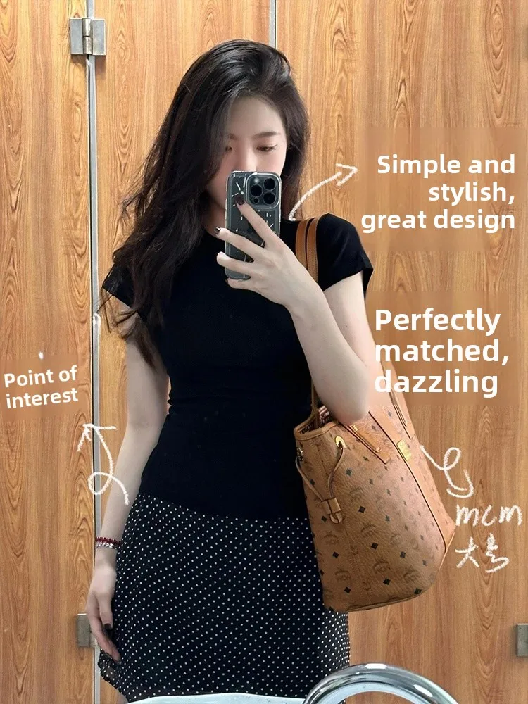 

American Sle Pure Cotton ort Sve T-irt Women's Summer 2024 Slimming ort Length Spicy Girl Top round Ne Commute S...