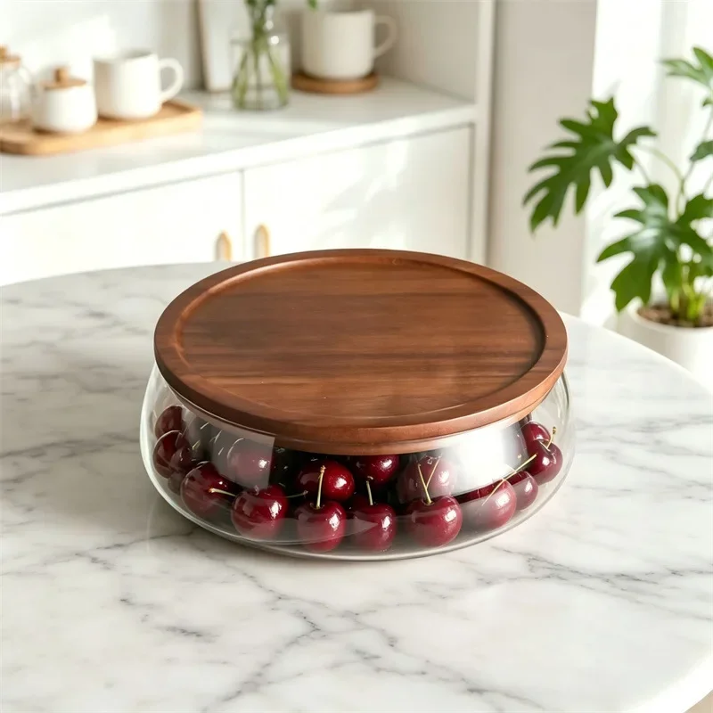 Multi-purpose glass fruit tray wooden cover tray, household snack storage jar, nut and melon seed storage box fruit basket