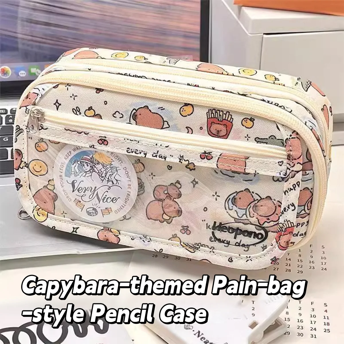 Federmäppchen mit Capybara-Cartoon-Druck, multifunktionale INS-Flip-Over-Stifttasche für Studenten, großes Fassungsvermögen, Aufbewahrungstasche für Schreibwaren