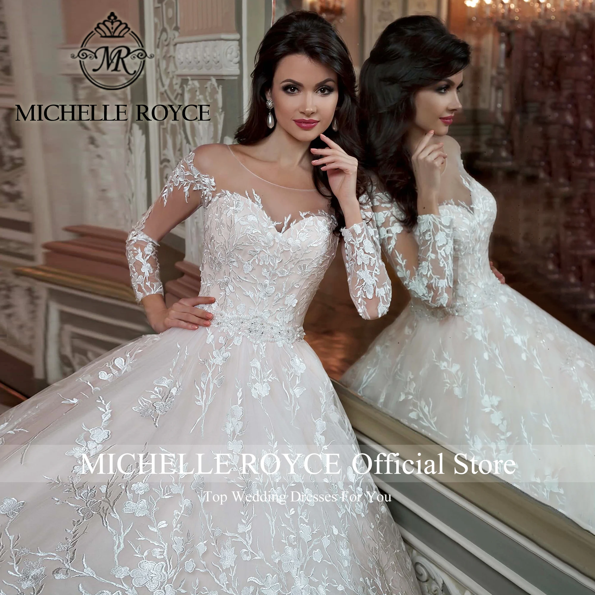 Michelle Royce Ball Gown Luxury Wedding Dress For Women Sweetheart Long Sleeves Appliques Lace Up Wedding Gown Vestidos De Novia