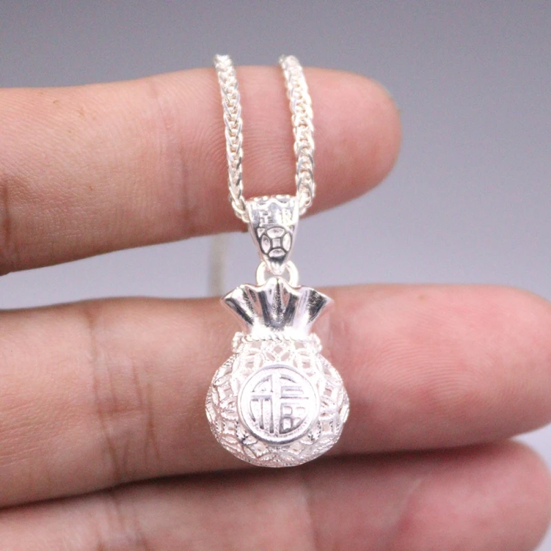 

Real Pure 999 Fine Silver Men Women Lucky Hollow Coin Characters Fu Money Bag Pendant