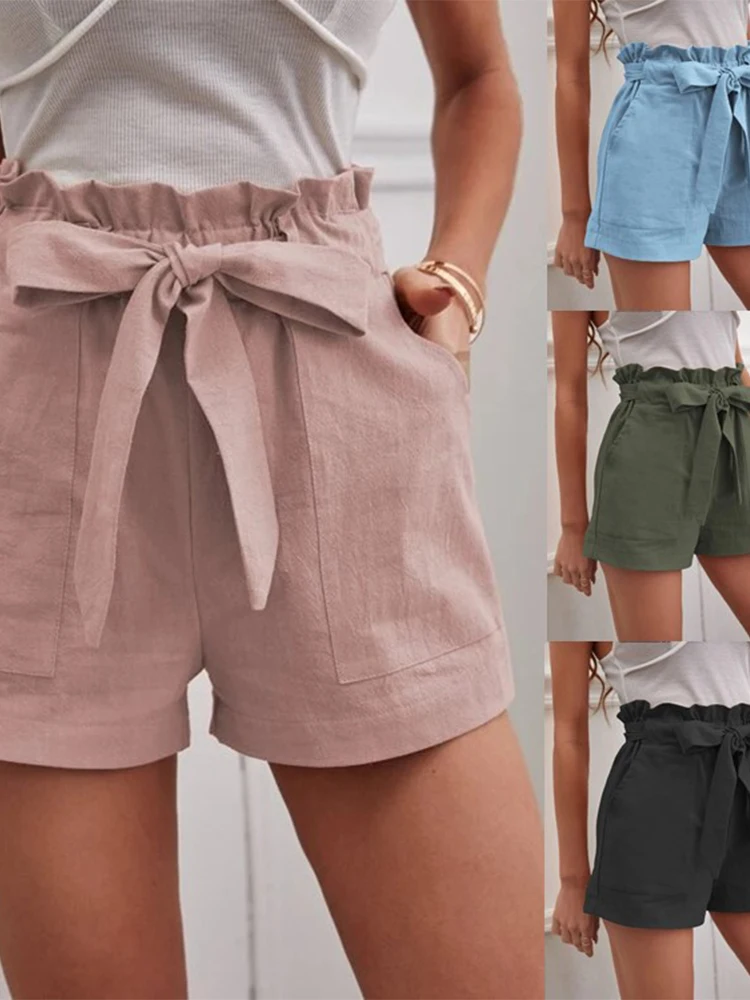 Pantalones cortos de lino para mujer, Shorts informales holgados con bolsillos, de pierna ancha y cintura alta, color liso, Europa y América, novedad de verano 2024