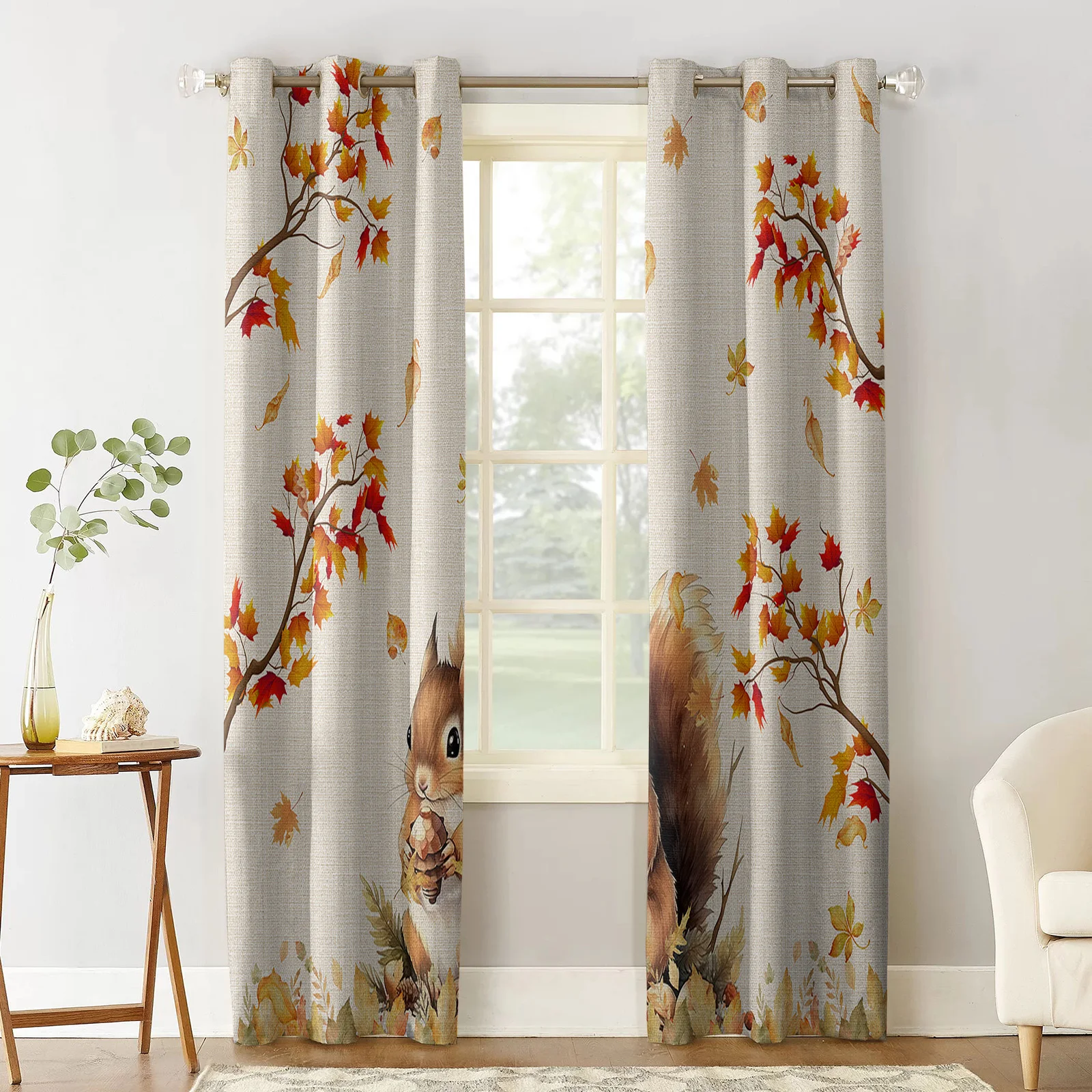 Thanksgiving Autumn Squirrel Watercolor Living Room Bedroom Elegant Curtains For Kitchen The Room Window Treatments Drapes