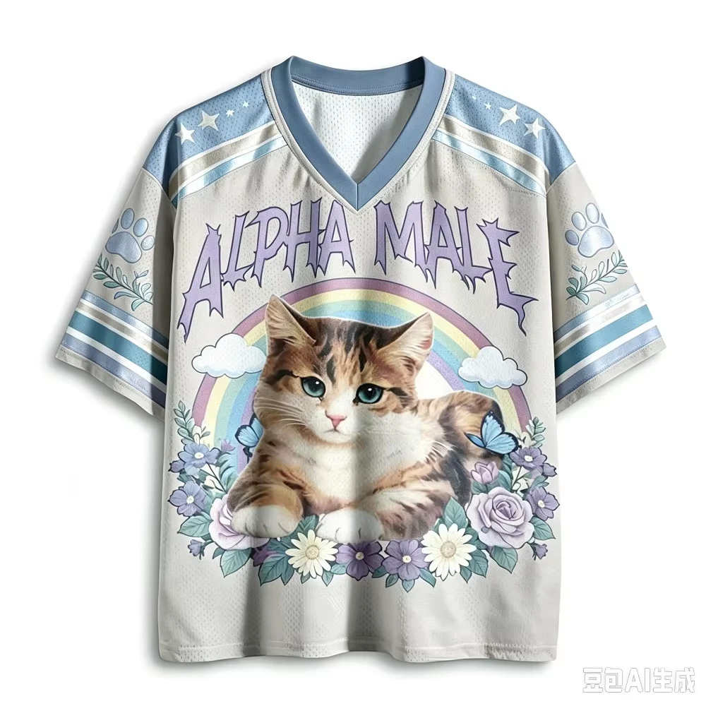 Funny Rainbow Kitten Flower Art Print Mesh Sports Jersey V Neck Short Sleeve Loose Street Top Men Women Daily Outfit