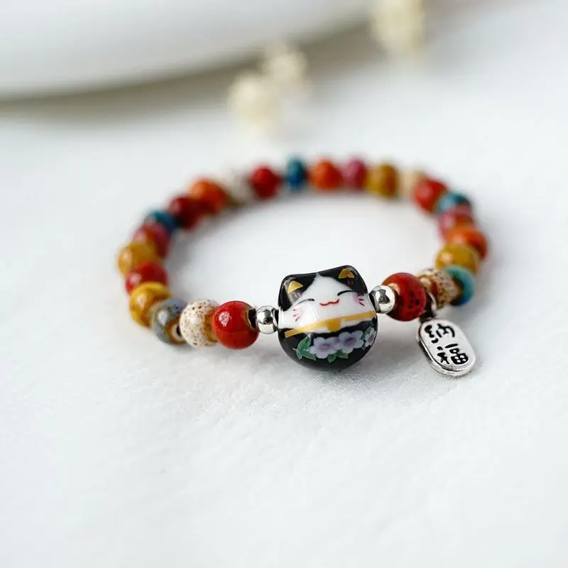 Cute Lucky Cat Bracelet For Girls Adjustable Colorful Beaded Bracelets Harajuku Ceramics Cat Pendant Charm Bracelets Jewelry