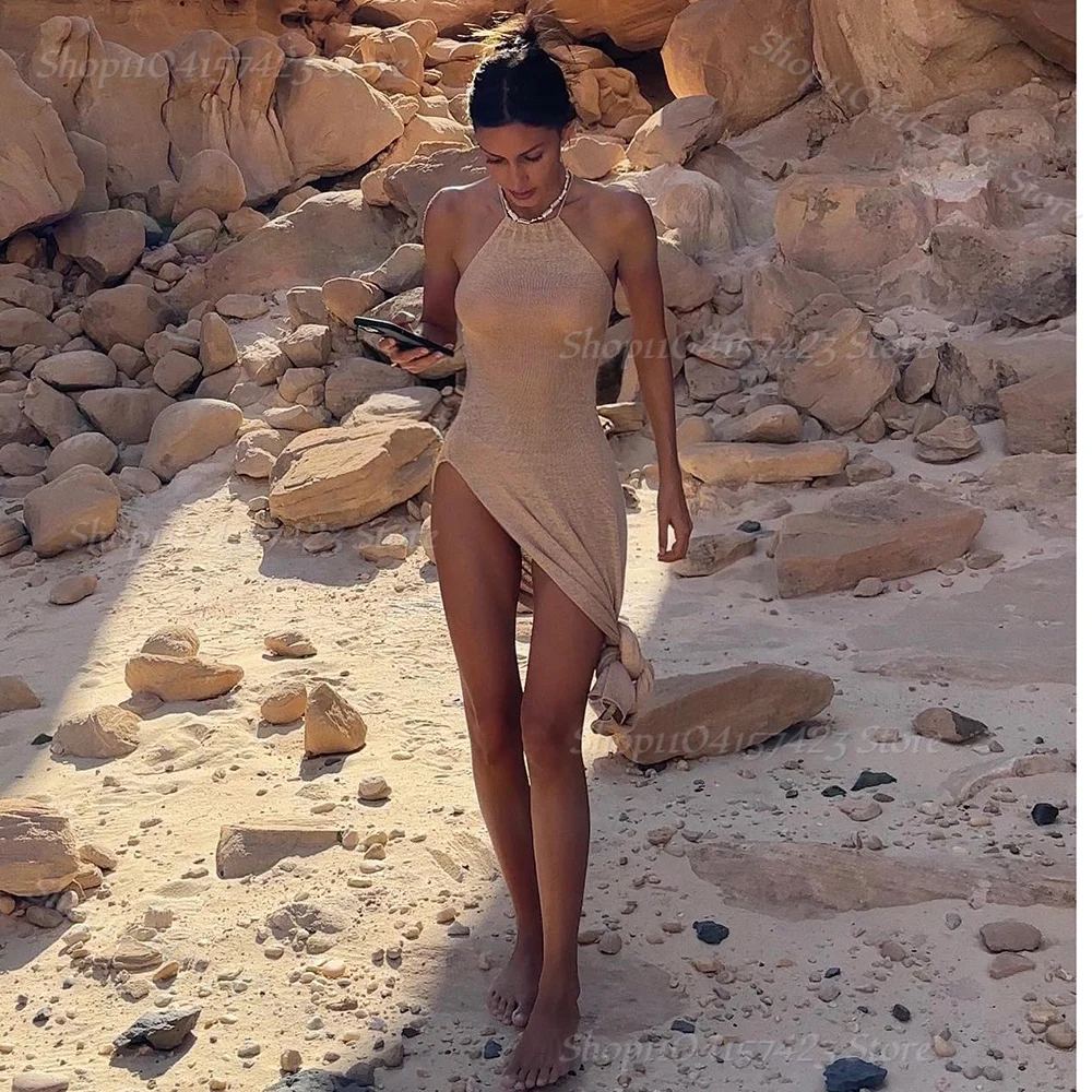 2024 Kintted Cover Up Beach Sexy See Through Maxi Slit Bodycon Summer Dress Bikini Cover-up Elegancka sukienka plażowa Halter